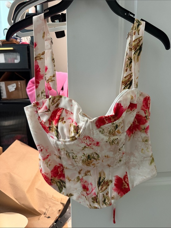 White Fox Boutique Tops - White Fox Boutique Floral Bustier Crop Top in White and Pink